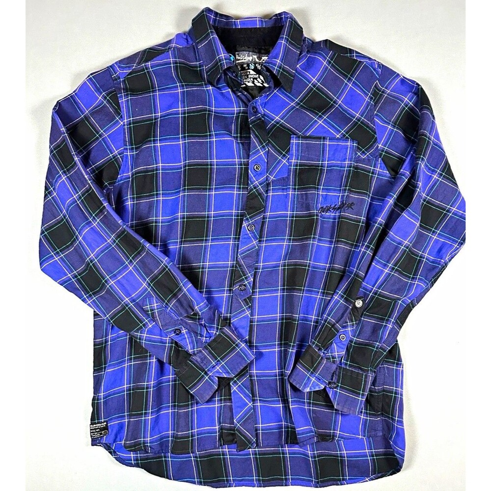 Quiksilver Mens L Regular Purple/Black Plaid Flannel Cotton LS Pockets Button-Up